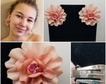 Retro Pink Flower Boho Earrings Spring Fashion Accessories Easter Jewelry Clip on Earrings Marked Western Germany