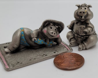 Vintage Miniature Pewter Pig Figures Bikini Babe and Bad Boy