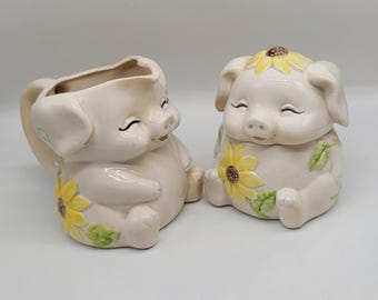 Whimsical Pig Covered Sugar Bowl and Creamer Set Decorated with Sunflowers