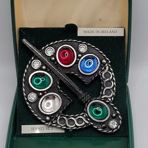 Vintage Celtic Kilt Pin Brooch Boxed Multicolor Hand Set Stones Made in Ireland