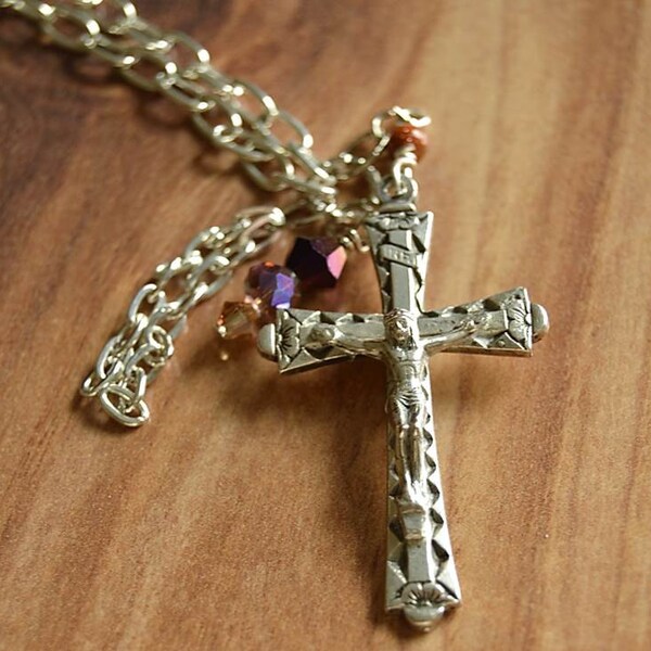 Religious Catholic Jewelry, Vintage Crucifix Pendant Necklace, Catholic Cross Charm Necklace, Religious gifts, Religious jewelry,