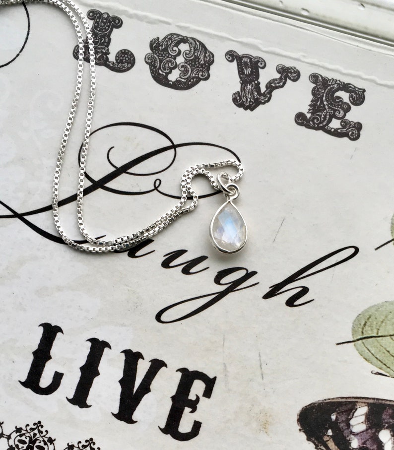Moonstone Necklace June Birthstone 16\u201d Sterling Silver Box Chain and Setting Bezel Rainbow Charm Charleston Dainty Minimalist Necklace