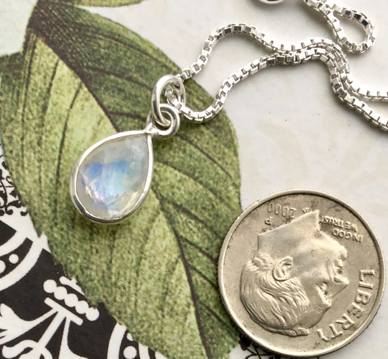 Moonstone Necklace June Birthstone 16\u201d Sterling Silver Box Chain and Setting Bezel Rainbow Charm Charleston Dainty Minimalist Necklace