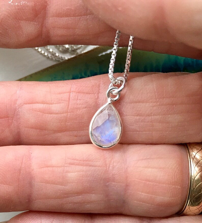 Moonstone Necklace June Birthstone 16\u201d Sterling Silver Box Chain and Setting Bezel Rainbow Charm Charleston Dainty Minimalist Necklace