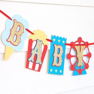 Baner na karnawałowy baby shower: diabelski młyn, wata cukrowa, brokat w kolorze złotym