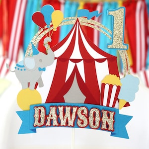 Personalized Cake Topper | Carnival Circus First Birthday Party Decor | Red, Turquoise, Yellow and Glitter Gold