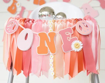 Groovy High Chair 'ONE' Banner: Pink Peach Ribbon Garland