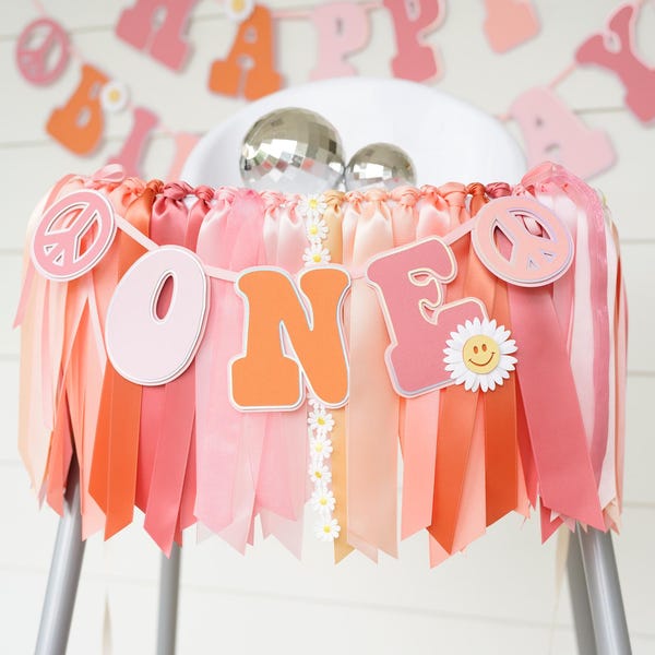 Groovy High Chair 'ONE' Banner: Pink Pfirsich Schleifengirlande