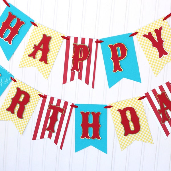 Personalized Circus First Birthday Banner | Carnival Circus Party Decorations | Red White Turquoise Yellow and Gold