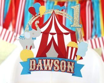 Personalized Cake Topper | Carnival Circus First Birthday Party Decor | Red, Turquoise, Yellow and Glitter Gold