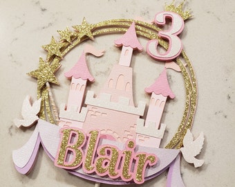 Princess Castle Cake Topper | Personalized Birthday Party Decor | Pink, Purple, White and Glitter Gold