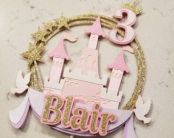 Personalized Cake Topper | Princess Birthday Party Decor | Pink, Purple, White and Glitter Gold