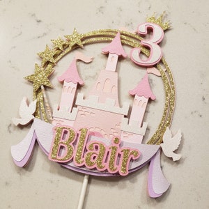 Personalized Cake Topper | Princess Birthday Party Decor | Pink, Purple, White and Glitter Gold