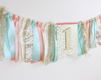 Coral, Mint and Gold Ribbon Banner 3 ft | Coral, Peach, Mint, Ivory and Gold First Birthday High Chair Banner