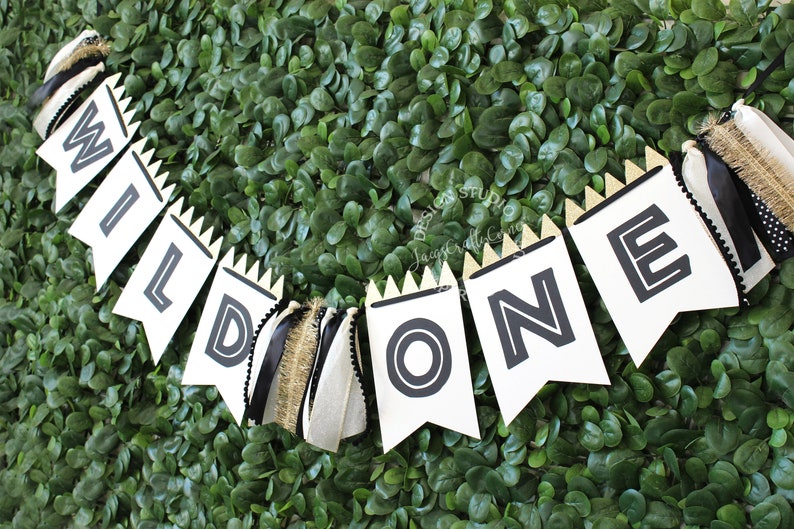 Wild One First Birthday Banner with Ribbon Black White and Gold Woodland 1st Year Party