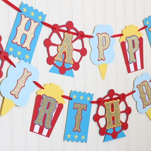 Karneval-Zirkus-Geburtstags-Girlande Riesenrad Cotton Candy Popcorn und Ticket Banner | Rot, Türkis, Gelb und Glitzergold