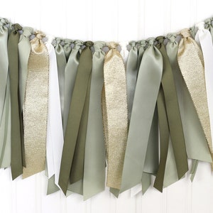 Sage, Olive Green, Off White and Gold Ribbon Garland | Gender Neutral Baby Shower | Woodland First Birthday Decoration