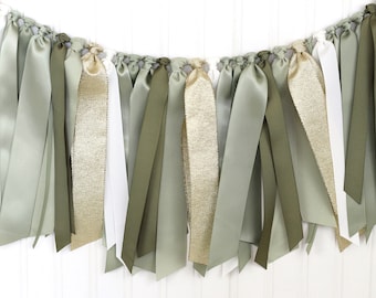 Sage, Olive Green, Off White and Gold Ribbon Garland | Gender Neutral Baby Shower | Woodland First Birthday Decoration