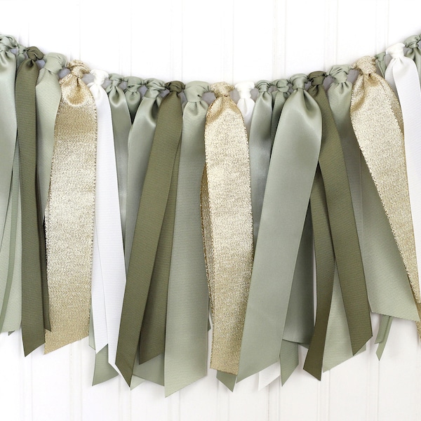 Sage, Olive Green, Off White and Gold Ribbon Garland | Gender Neutral Baby Shower | Woodland First Birthday Decoration