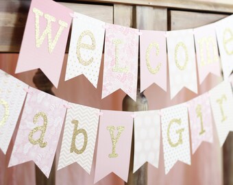 Personalized Baby Shower Banner | Pink and Gold Welcome Baby Girl