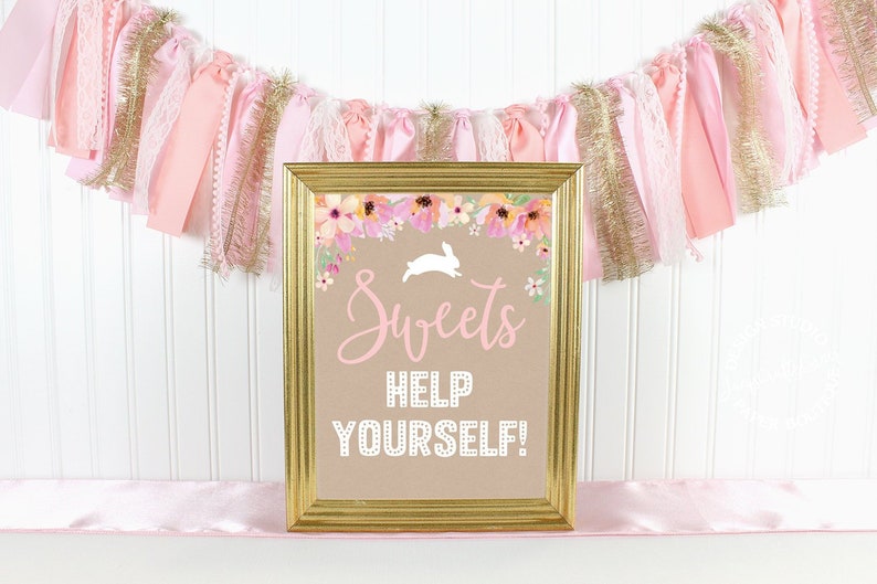 Easter Bunny Baby Shower Some Bunny is One Birthday Printable Floral Bunny Sweets Sign