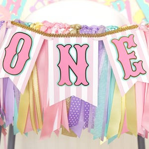 Pastel Carnival Circus High Chair Banner and Ribbon Garland Set | Pink, Light Purple, Light Aqua, Pastel Yellow and Gold 'ONE' or 'TWO'