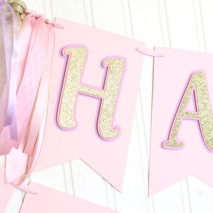 Pink, Lavender and Gold Birthday Banner with Ribbon | Princess Party Decor