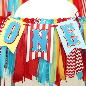 Carnival Circus High Chair Birthday Banner and Ribbon Garland Set | Red White Light Blue Turquoise Yellow and Gold &#39;ONE&#39; or &#39;TWO&#39;