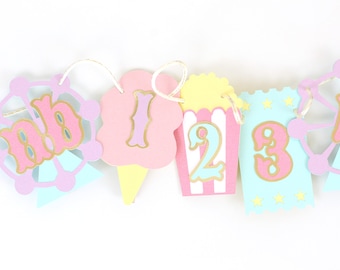 Carnival Circus Photo Banner | First Birthday Monthly Milestone | Pink, Purple, Mint, Pastel Yellow and Metallic Gold