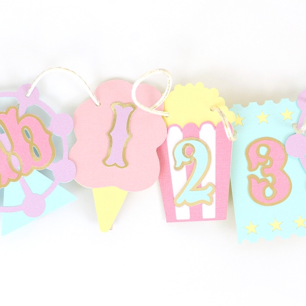 Carnival Circus Photo Banner | First Birthday Monthly Milestone | Pink, Purple, Mint, Pastel Yellow and Metallic Gold