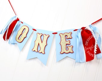 Light Blue and Red First Birthday Ribbon Banner 16 inches | Blue and Red Highchair Banner ONE