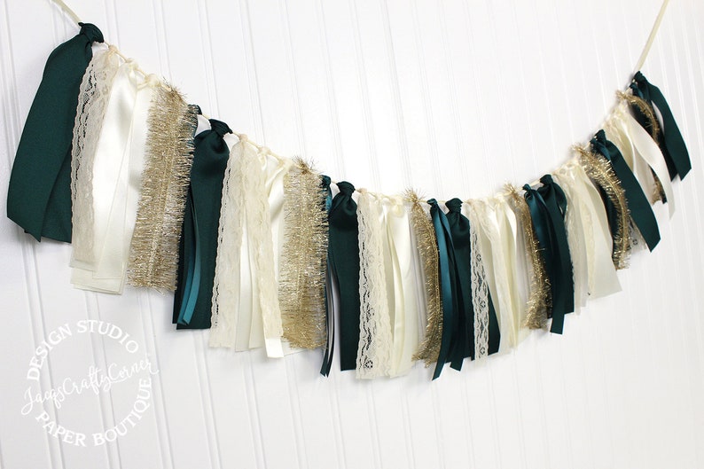 Bridal Ribbon Garland Forest Green Hunter Green and Gold Fall Wedding Decoration Pearl White and Gold