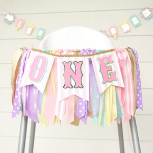 Pastel Carnival Circus High Chair Banner and Ribbon Garland Set | Pink, Light Purple, Light Aqua, Pastel Yellow and Gold 'ONE' or 'TWO'