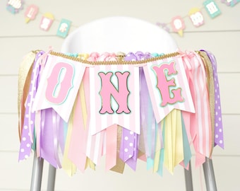 Pastel Carnival Circus High Chair Banner and Ribbon Garland Set | Pink, Light Purple, Light Aqua, Pastel Yellow and Gold 'ONE' or 'TWO'