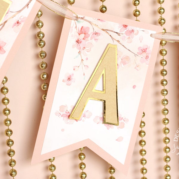 Sakura Cherry Blossom Birthday Banner | Pink and Gold Personalized Decorations | Baby Shower or Baek Il Celebration