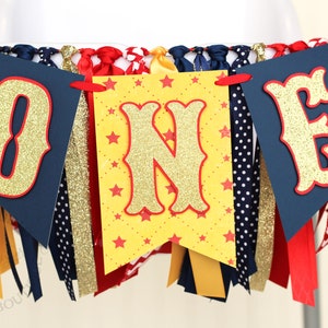 Carnival Circus High Chair Banner and Ribbon Garland Set | Navy Red Yellow and Gold &#39;ONE&#39; or &#39;TWO&#39;
