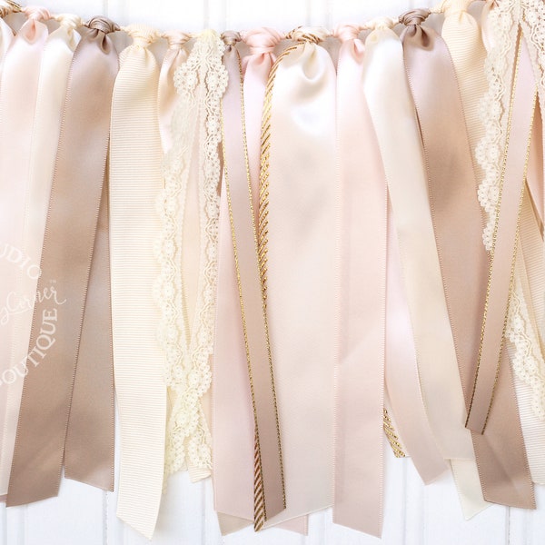 Neutral Ribbon Garland | Soft Blush Ivory Cream Toffee Baby Shower | Boho Chic Birthday Decoration | Cake Smash