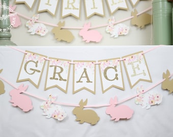 Personalized Floral Bunny Birthday Banner and Garland | Some Bunny Is One