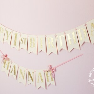 Blush Pink and Gold Birthday Banner with Bows First Birthday Banner Include Age & Name