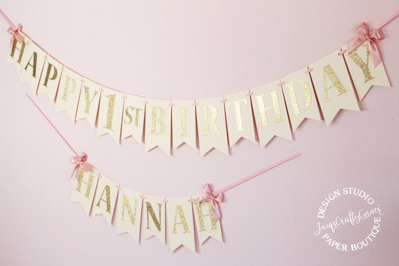 Blush Pink and Gold Birthday Banner with Bows First Birthday Banner image 4