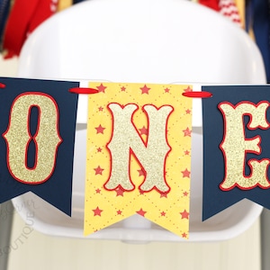 Carnival Circus High Chair Banner | Navy Red Yellow and Gold &#39;ONE&#39; or &#39;TWO&#39;