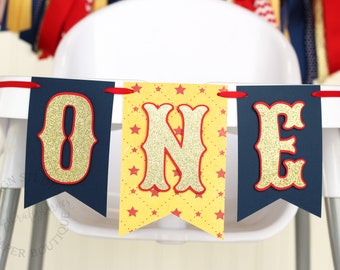 Carnival Circus High Chair Banner | Navy Red Yellow and Gold 'ONE' or 'TWO'