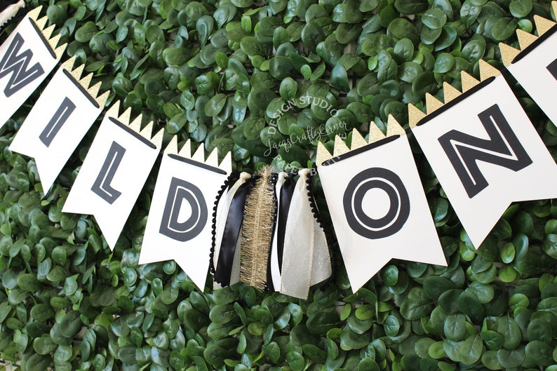 Wild One First Birthday Banner with Ribbon Black White and Gold Woodland 1st Year Party