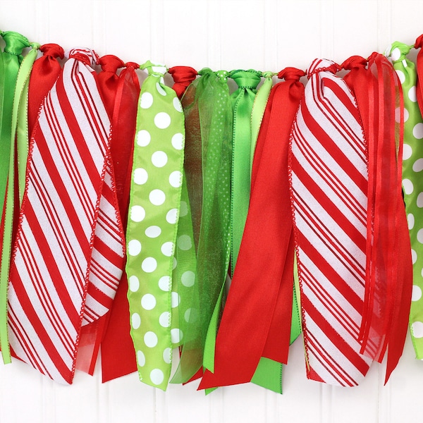 Grinch Christmas Ribbon Garland | Candy Cane Red and Bright Green Holiday Decorations