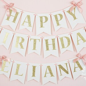 Blush Pink and Gold Birthday Banner with Bows First Birthday Banner Include a Name