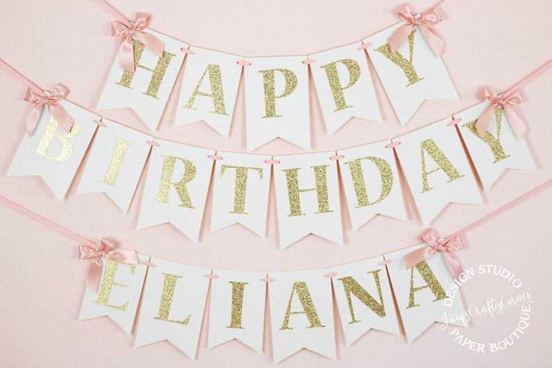 Blush Pink and Gold Birthday Banner with Bows First Birthday Banner Include a Name
