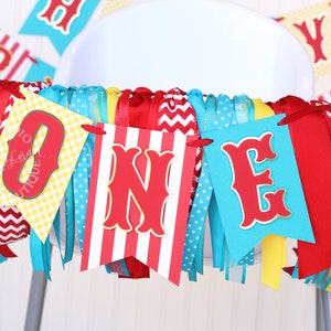 Carnival Circus High Chair Birthday Banner and Ribbon Garland Set | Red White Turquoise Yellow and Gold 'ONE' or 'TWO'