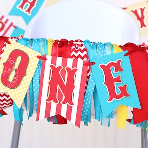 Carnival Circus High Chair Birthday Banner and Ribbon Garland Set | Red White Turquoise Yellow and Gold &#39;ONE&#39; or &#39;TWO&#39;