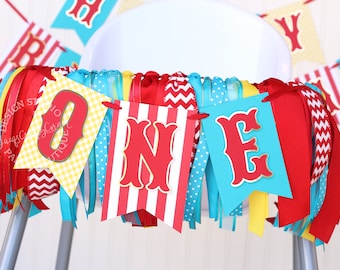 Carnival Circus High Chair Birthday Banner and Ribbon Garland Set | Red White Turquoise Yellow and Gold 'ONE' or 'TWO'