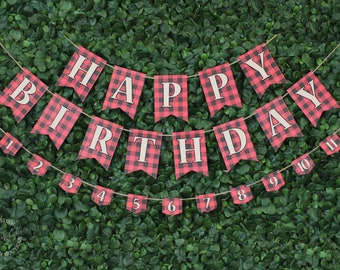 Monthly Photo Garland | Buffalo Plaid Milestone Banner | Black and Red Checker Woodland Lumberjack First Birthday